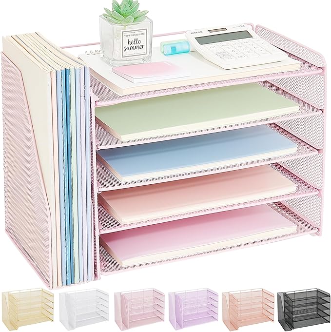 OPNICE 5-Tier Paper Organizer with Magazine Holder, Desk Organizers and Accessories, Office Desk Accessories & Workspace Organizers, Desktop File Organizer for Office Supplies Storage, Pink