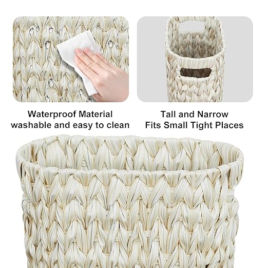 Wicker Trash Can,Bathroom Trash Can,Waterproof Wicker Waste Basket for Bathroom,Narrow Small Waste Basket for Bedroom,Office, Cream White 5 Gallon