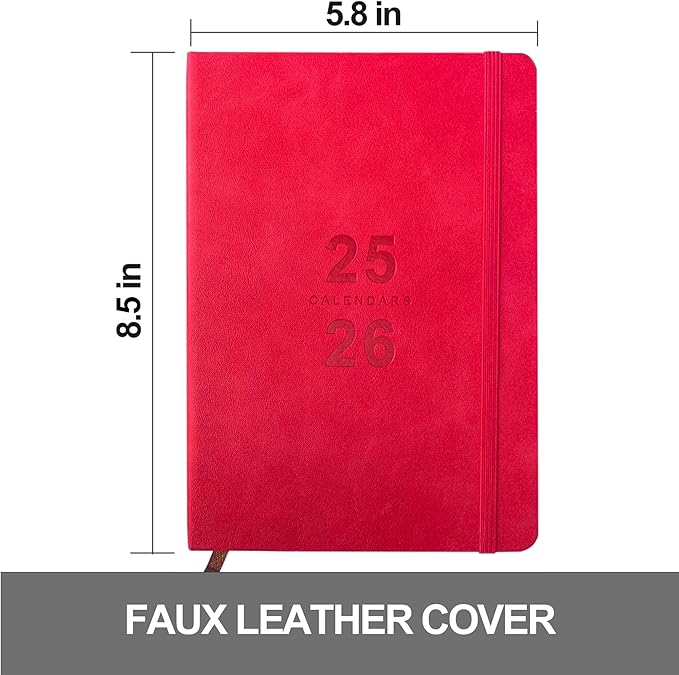 Daily Planner 2025-2026, Academic Planner 2025-2026 Weekly and Monthly Planner, Calendar Book with Hourly Schedule 8.5"x5.8", July 2025 to June 2026, Faux Leather Cover (Red)