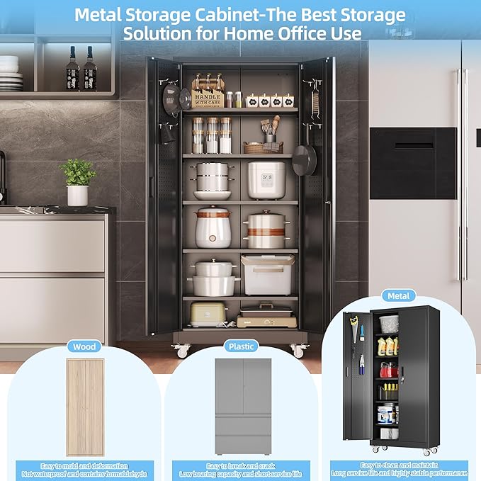 Aobabo Upgraded Garage Storage Cabinets with Wheels,Metal Storage Cabinets with 5 Adjustable Shelves for Garage Home Office Storage, Black,71''H*32''W*16''D,Assembly Required