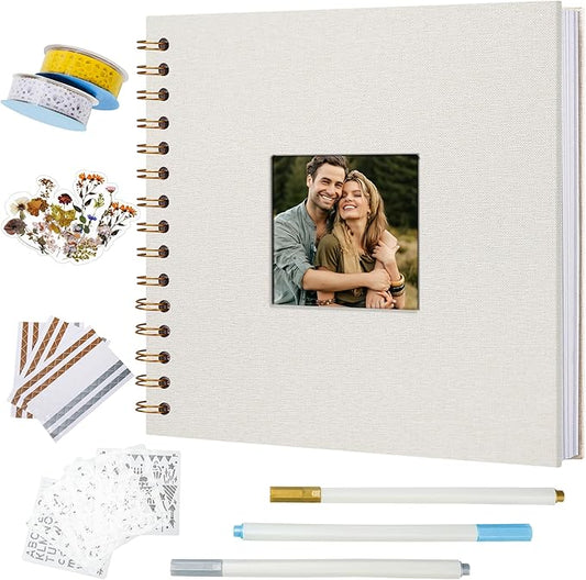 Vienrose Scrapbook 10x10 Inch Hardcover Kraft White Pages DIY Scrapbook Photo Album Linen Cover Scrap Book Photo Albums Scrapbooking Supplies Kit for Couple Family Wedding Travel