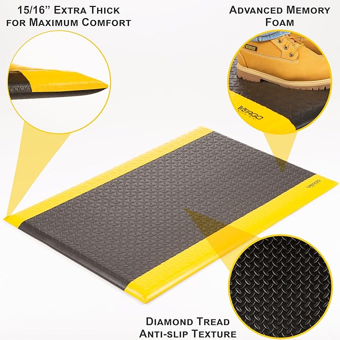 Vergo Industrial 15/16” Extra Thick Anti Fatigue Mat - Heavy Duty Commercial Grade Diamond Plate Ergonomic Standing, Non-Slip Black with Yellow Anti Fatigue Floor Mat for Work, Shop (2-Pack 2' x 3')