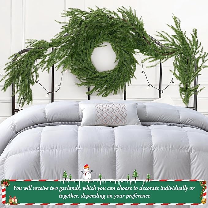 2 Pcs Christmas Norfolk Pine Garland, 6 FT Real Touch Norfolk Pine Garland Ornament, Christmas Artificial Greenery Cedar for Holiday Mantle, Table, Fireplace, Stair, Indoor, Outdoor Xmas Decorations