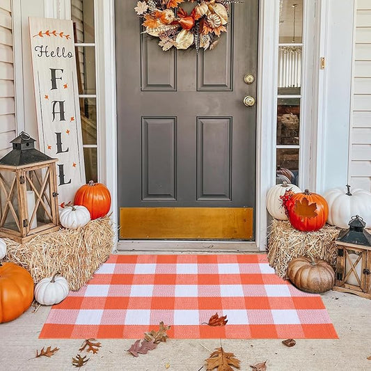 Ckorzen Fall Plaid Rug 28" x 43", Orange and White Buffalo Check Front Porch Outdoor Layered Doormat, Cotton Hand-Woven Washable Rug for Halloween Thanksgiving Autumn Decor