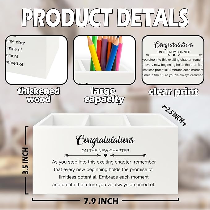 Congratulations Gift Pen Pencil Holder Organizer for Desk, Graduation Gifts, New Job Gifts, Congratulations on the New Chapter Wooden Box Sign for Home Office Desk Tabletop Decorations