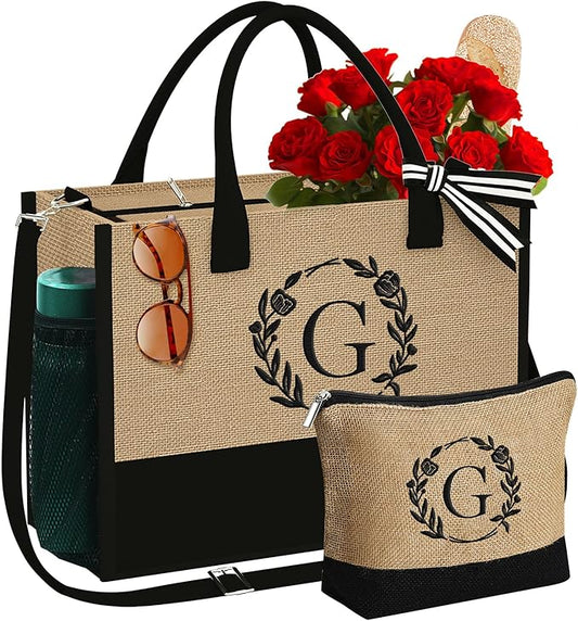 YOOLIFE Personalized Gifts for Women - Initial Jute Tote Bag & Makeup Bag, Birthday Gifts for Women Mom Wife Teacher Friend