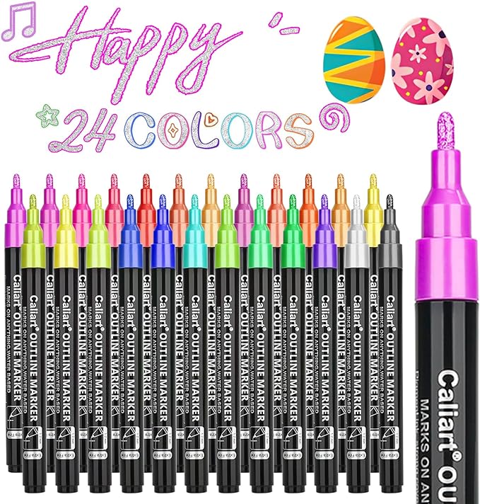 Caliart 24 Colors Outline Shimmer Markers, Glitter Metallic Marker Pens, Stocking Stuffers for Teen Girls Boys Adults Christmas Gifts Trendy Stuff, Cool Fun Craft Drawing Art Supplies Set