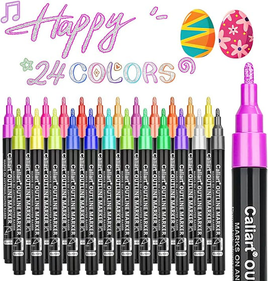 Caliart 24 Colors Outline Shimmer Markers, Glitter Metallic Marker Pens, Stocking Stuffers for Teen Girls Boys Adults Christmas Gifts Trendy Stuff, Cool Fun Craft Drawing Art Supplies Set