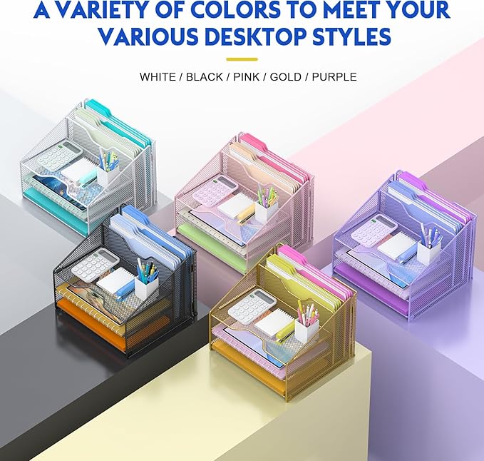 samstar White Desk File Organizer, Mesh Letter File Folder Holder with 3 Paper Trays and 2 Vertical Upright Section, for Office Supplies, Desk Accessories & Workspace, White