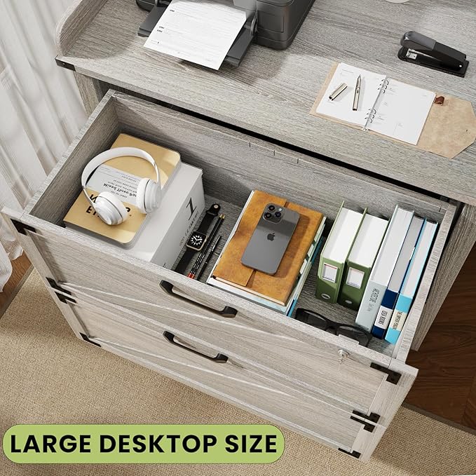2 Drawer File Cabinet with Lock, Modern Farmhouse Filing Cabinet for Legal/Letter/A4 Size Hanging Files, Large Wood File Cabinets for Home Office