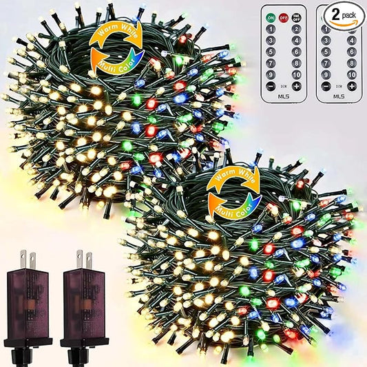 2 Pack Warm White to Multicolor Christmas Lights Indoor Outdoor, Super Bright 66FT 200 LED String Lights Waterproof, Twinkle Xmas Light with Timer for Bedroom Party Christmas Tree Decorations