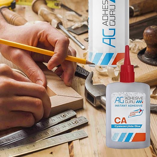Adhesive Guru CA Glue with Activator Woodworking (6 x 0.9 oz - 6 x 3.38 fl oz) Cyanoacrylate Super Glue for Plastic, Glass, Ceramic, DIY, 3D Printing (6 Pack)