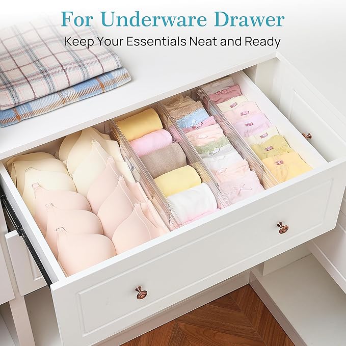 Vtopmart 12 Pack 4" Regular Upgrade Drawer Dividers for Clothes, 12.8"-22.3" Expandable Dresser Drawer Organizer, Clear Plastic Separators for Dresser, Baby Clothing, Underwear, Cosmetic, Toiletries
