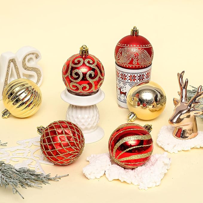 30 pcs Christmas Tree Balls, 2.36" Christmas Ornament Decorations Shatterproof Ornaments Gold and Red Color Painted Christmas Baubles Decorations for Party Wedding Christmas Decor