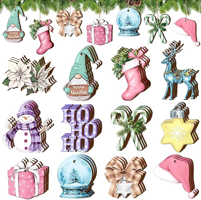 Huwena 36 Pcs Pastel Christmas Wooden Ornaments Pastel Christmas Decorations for Tree Snowman Gnomes Poinsettia Flowers Truck Wreath Wood Cutouts Tags with Ropes Winter Decor for Xmas Tree Gifts