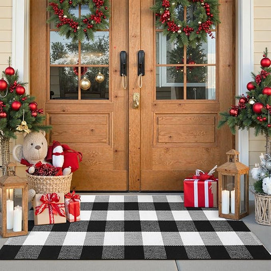 KIMODE Buffalo Plaid Outdoor Checkered Rug 24"x51", Christmas Door Mat Outside Entrance, Black and White Washable Farmhouse Layered Doormat for Front Door Porch Kitchen Entryway Christmas Decor