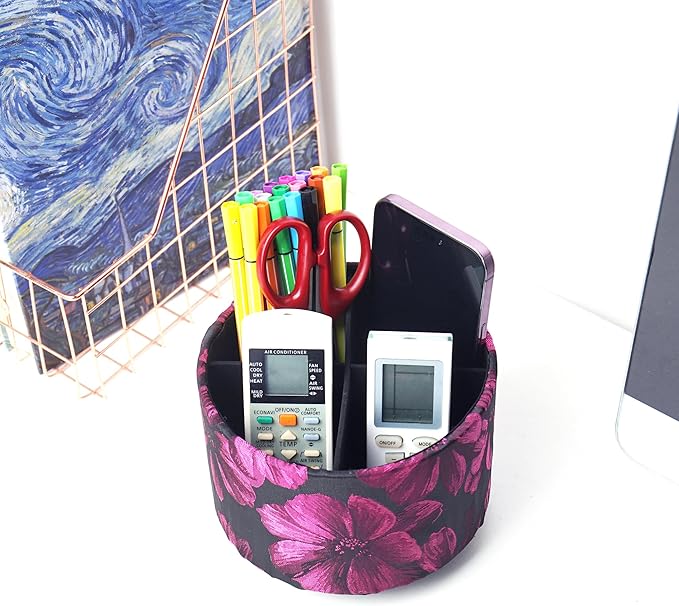 QIELIZI Round Leather Art Supply Organizer,Remote Control Holder,360 Degree Rotating,Multi-Functional Pencil Holder,4 Compartments Desktop Stationary Organizer(1-Dahlia Rose Red)