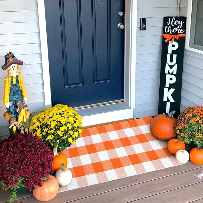 KIMODE Fall Door Mat Outdoor Orange and White 24"x51",Halloween Doormat,Washable Cotton Buffalo Plaid Check Front Door Rug for Layering Rugs,Halloween Porch Decorations,Entryway,Farmhouse