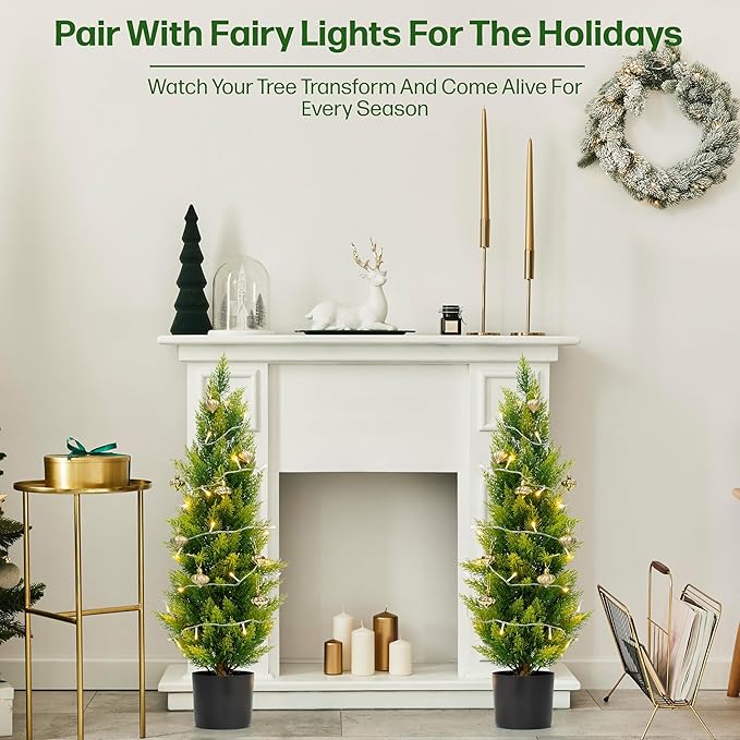 Artificial Cedar Tree 3ft - Outdoor or Indoor - Weather and UV-Resistant Artificial Outdoor Plants - Front Porch | Garden - Faux Cedar Tree - Set of 2