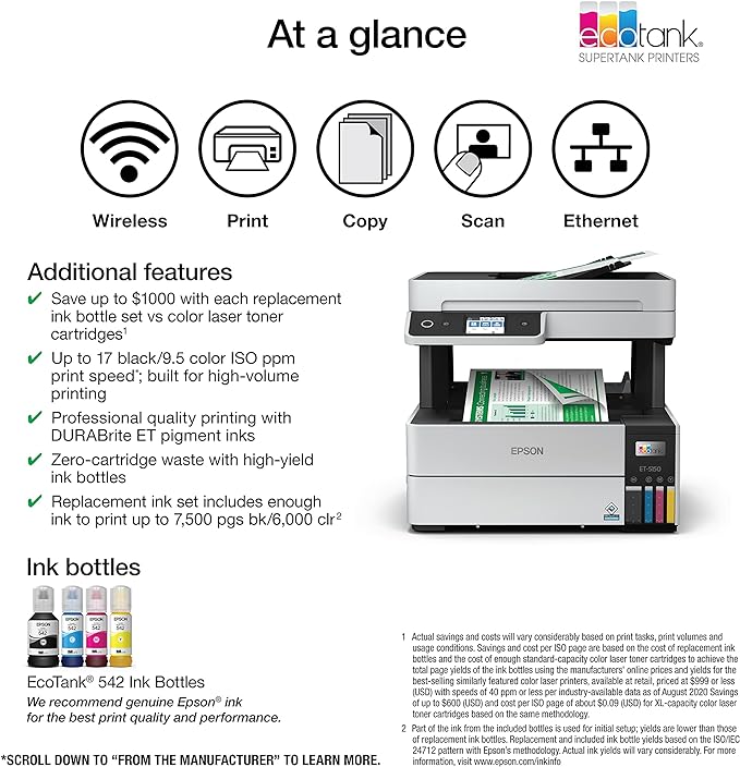 Epson EcoTank Pro ET-5150 Wireless Color All-in-One Supertank Printer with Scanner, Copier, Plus Auto Document Feeder, Large, White