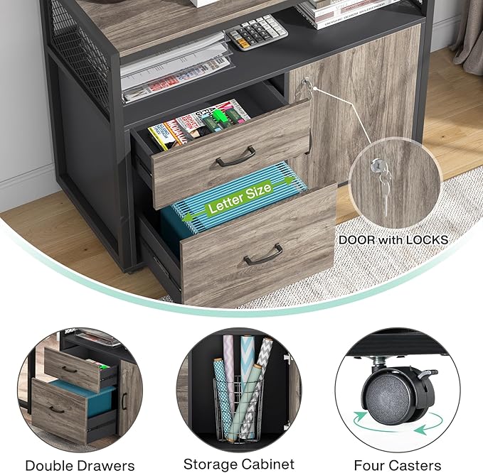 Tribesigns L Shaped Desk with Drawer Cabinet, 55" Executive Computer Desk and lateral File Cabinet, 2 Piece Home Office Furniture with Drawers for Hanging File, Doors with Locks (Gray, 55 inches)