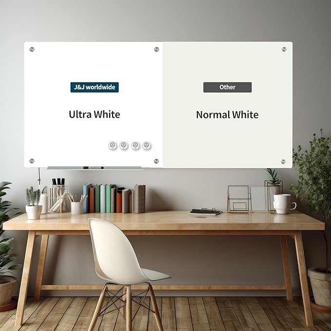 J&J worldwide Magnetic Glass Whiteboard 8' x 4' Ultra White, Large Frameless White Boards for Walls 96 x 48 Inches, Large Dry Erase Board for Office, Home, School