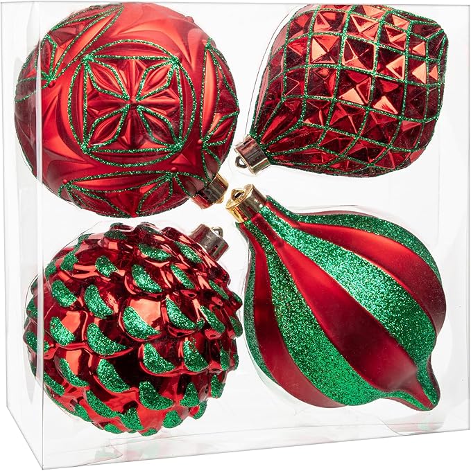 Hollyone 4.7 Inch Large Red and Green Christmas Ornaments 4Pcs Balls Ornaments Shatterproof Christmas Hanging Ornaments for Xmas Tree Decor Wedding Holiday Party Wreath Home Decor (Red & Green, 120mm)
