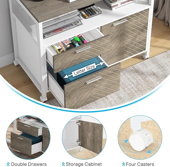 Tribesigns Modern File Cabinet with Drawers for Letter-Sized File and Door, Lockable lateral Filing Cabinet Printer Stand with Storage Shelves and with Rolling Caster for Home Office (Oak)