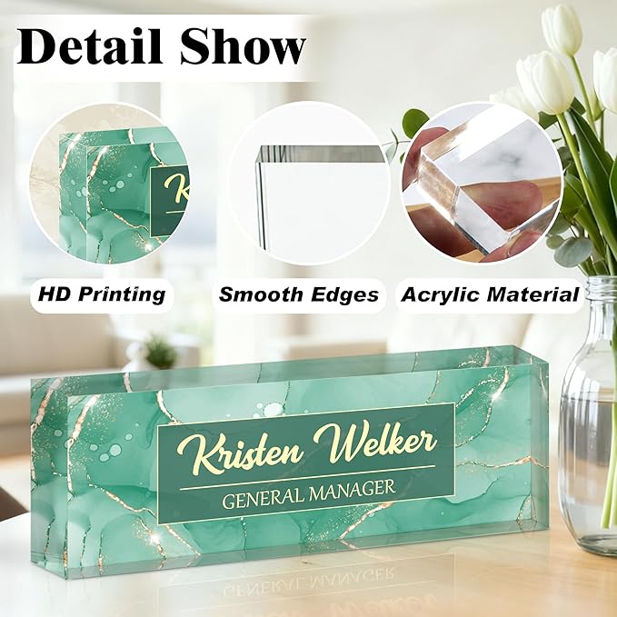 Ship Next Day-Custom Name Plate for Desk, Desk Name Plate Personalized, Acrylic Office Desk Accessories, Appreciation Gifts for Coworkers Employee Teachers Boss Women Men (Green Coast)