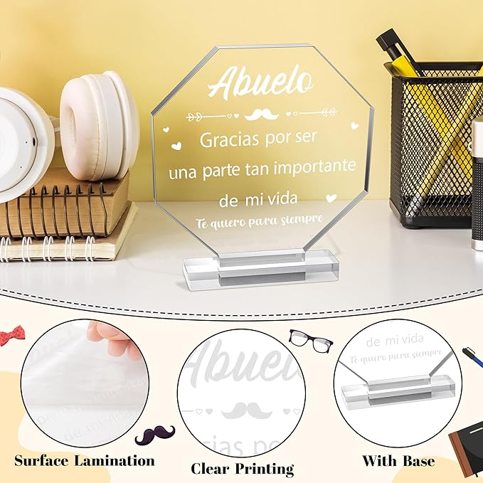 Yopyame Spanish Grandpa Birthday Gifts - Regalos para Abuelo Octagon Acrylic Gift Keepsake Paperweights Gift for Grandpa in Spanish Christmas Father's Day Gifts for Grandpa from Granddaughter Grandson