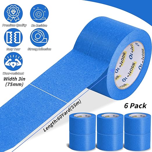 6 Rolls Blue Painters Tape Bulk 3 inch x 60 Yards, Total 360 Yd, Painters Masking Tape No Residue Wall Painting Tape Artist Tape Trim Edge Finishing Tape for Wall Painting Decoration DIY Supplies
