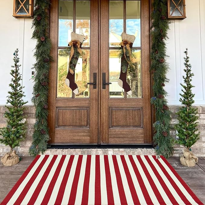 Christmas Outdoor mat Red and White Striped Outdoor Rug Front Porch Rug,Christmas Home Decor, Layerd Welcome Doormat for Front Porch Decor, Front Door, Farmhouse Decor (Red and White, 36''x60'')