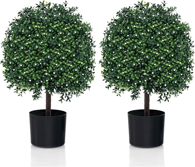 Goplus 21.5’’ Artificial Boxwood Topiary Ball Tree, Set of 2 Faux Potted Plants Artificial Shrubs Bushes with 343 White Fruits, Fake Evergreen Artificial Topiary for Home Front Porch Decor