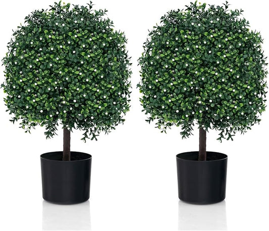 Goplus 21.5’’ Artificial Boxwood Topiary Ball Tree, Set of 2 Faux Potted Plants Artificial Shrubs Bushes with 343 White Fruits, Fake Evergreen Artificial Topiary for Home Front Porch Decor