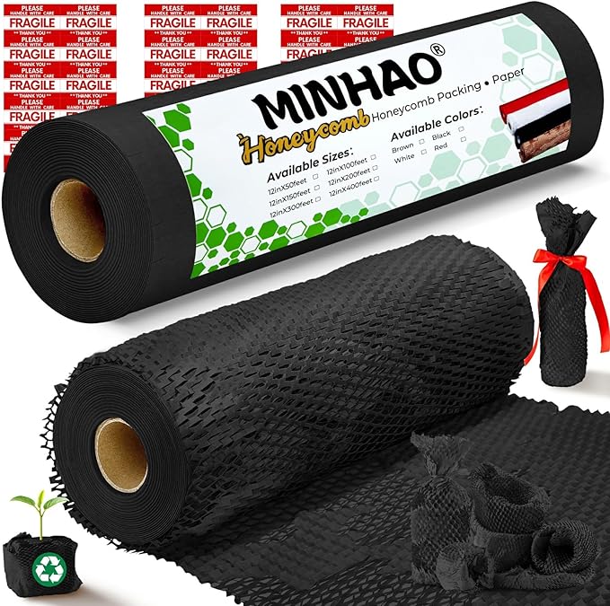 Honeycomb Packing Paper, 12"x400' Black | Perforated Honeycomb Packing Paper Recyclable Moving Supplies for Shipping & Moving | Plastic-Free Alternative to Bubble Cushion Wrap with 36 Fragile Stickers