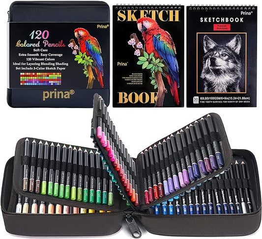 PRINA Art Supplies 120 Colors Colored Pencils Set for Adults Coloring Books with Sketchbook, Professional Vibrant Artists Coloring Pencils for Drawing Sketching Blending Shading, Soft Core Oil Based