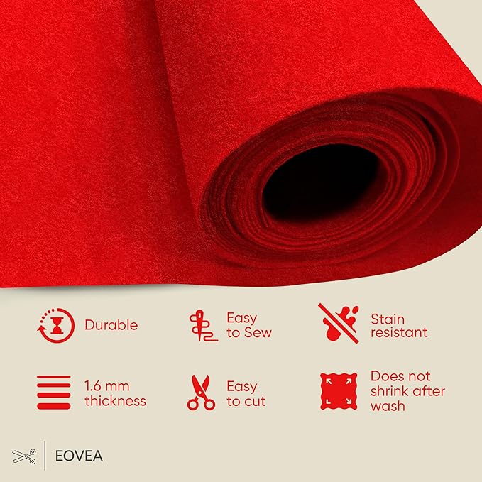 EOVEA | Acrylic Felt Fabric by The Yard - Non-Stiff, Soft Material - 72" Wide - 1.6mm Thick Felt Sheets for DIY Crafts, Sewing, Upholstery, Cushion, Padding(Red, 2 Yard)