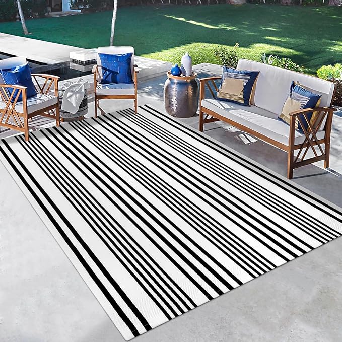 OJIA Outdoor Area Rug 4'x6', Black and White Outdoor Rug Machine Washable Patio Rugs Cotton Hand Woven Door Mats Indoor Outdoor Striped Rugs for Front Porch/Deck/Backyard/Living Room