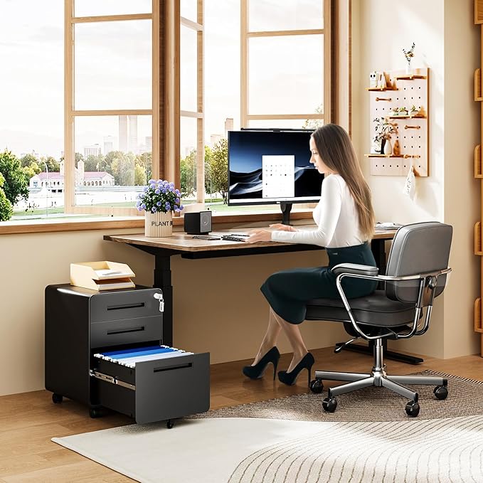 MIIIKO Mobile Filing Cabinet 3 Drawer, Rolling Small File Cabinet with Keys Under Desk, Modern Black Filing Cabinets for Home Office with Anti-tilt Wheels, A4/Letter/Legal Hanging File Drawers