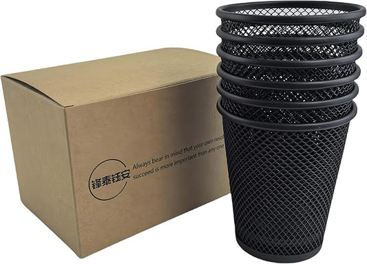 Fengtaiyuan Black Metal Mesh Pen Holder, 6-Pack Desktop Storage, Pencil Cup for Office, Desktop Organizer, Office Storage Box (T16)