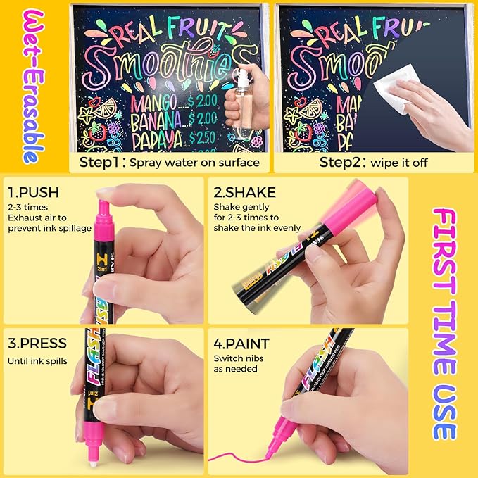 SFAIH Fine Tip Liquid Chalk Markers for Bhalkboard [1-Second Wet Wipe], 0.7-1mm 24 Colors [Neon+Pastel+Metallic], Chalk Pens for Chalkboard, Calendar, Windows, Glass, Includes Highlighter Color Marker