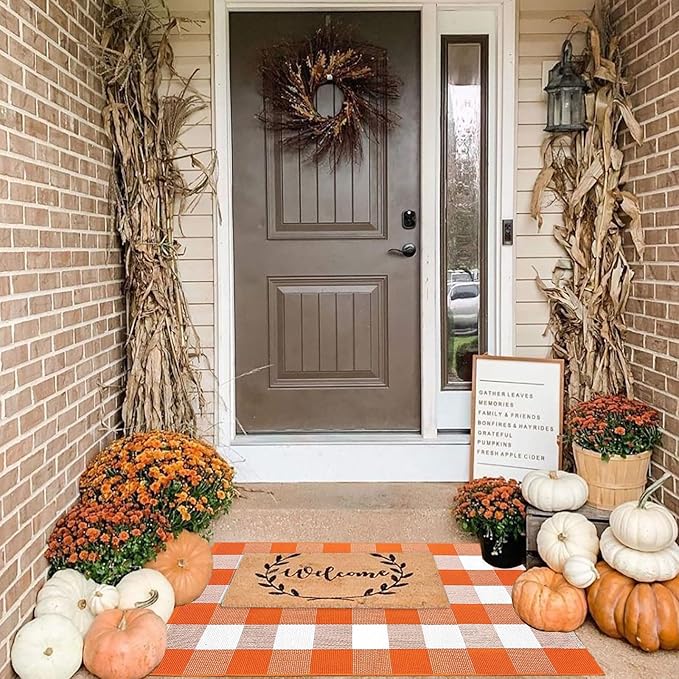 Buffalo Plaid Outdoor Rugs, 2'4" x 3'7" Orange and White Check Indoor/Outdoor Area Rug, Layering Rug for Hello/Welcome Door Mat, Washable Cotton Woven Farmhouse Mat for Fall Front Porch Décor
