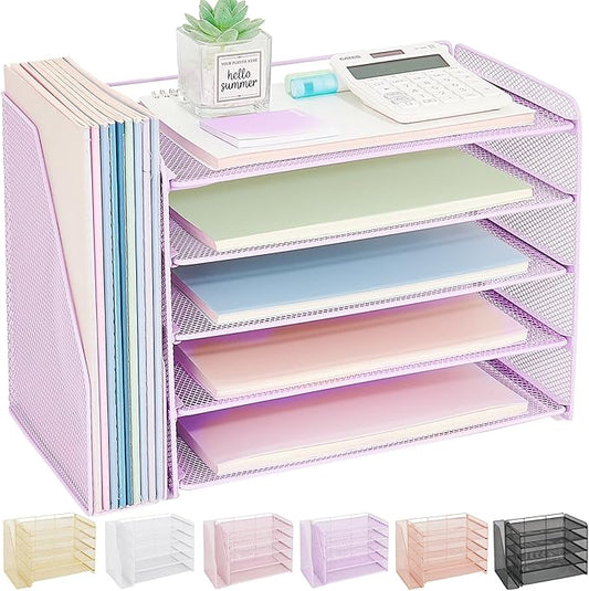 OPNICE 5-Tier Paper Organizer with Magazine Holder, Desk Organizers and Accessories, Office Desk Accessories & Workspace Organizers, Desktop File Organizer for Office Supplies Storage, Purple