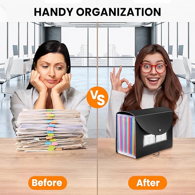 Sooez Accordion File Organizer, 13 Pockets Expanding File Folder, Portable Monthly Paper Bill Tax Receipt Organizer, Letter A4 Size Document Holder with Blank Labels