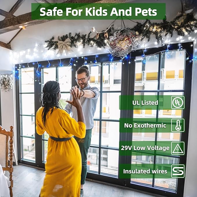 1296 LED Outdoor Christmas Lights with 288 Drops, 131FT Christmas Fairy Lights with 8 Modes Timer, Twinkly Lights IP44 Waterproof for Eaves Yard Holiday Wedding Party Decor Blue & Cool White