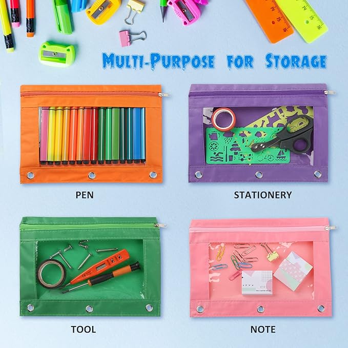 Marspark 48 PCS Pouch Bag for 3 Ring Binder - Bulk Zipper Pencil Binder Pouches with Clear Window for School Office Utensils Storage Supplies(Multicolor)