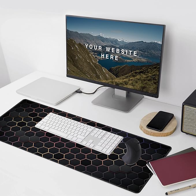 Hexagon Honeycomb Colorful Large Mouse Pad, Gaming Desk Mat, XXL Extended Keyboard Desk Pad, 35.4"x15.7" Non-Slip Rubber Base Big Mousepad with Stitched Edges for Home and Office