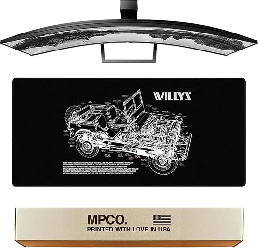 MPCO. Blueprints Large Gaming Desk Pad - 36" x 17" Aeroglyde Fabric Willys Jeep – Black Desk Mats - Non-Slip, Washable, Smooth Glide for Precision Gaming & Work