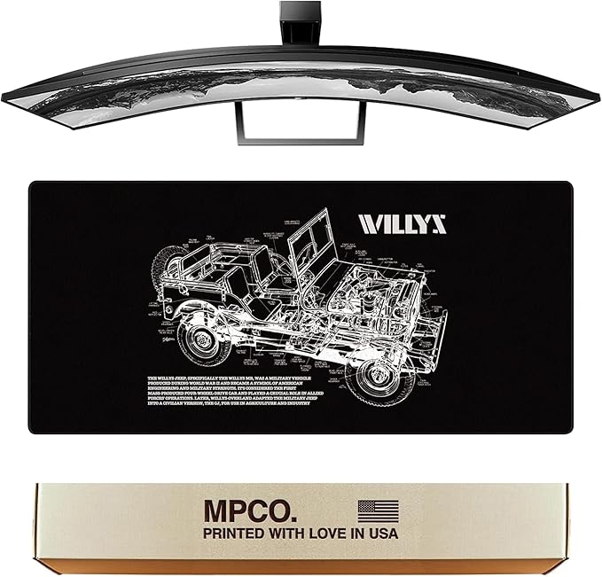 MPCO. Blueprints Large Gaming Desk Pad - 36" x 17" Duraglyde Fabric Willys Jeep – Black Desk Mats - Non-Slip, Washable, Smooth Glide for Precision Gaming & Work