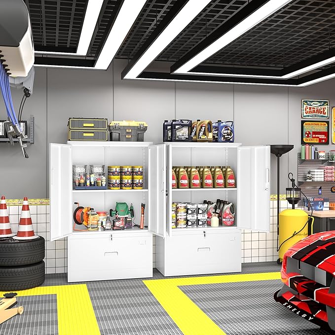 INTERGREAT Metal Storage Cabinet,Metal File Cabinet with Lockable Doors and Adjustable Shelves，Pantry Storage Cabinets for Garage,Home Office,Kitchen(White)